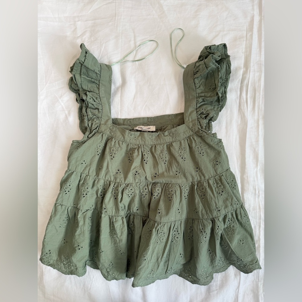 Francesca's Collections Olive Eyelet Top, XS, Cropped